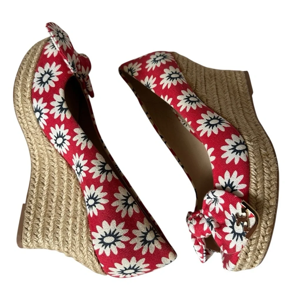 Tory Burch Dory Espadrille Wedge Red Floral Peep Toe Bow 6.5